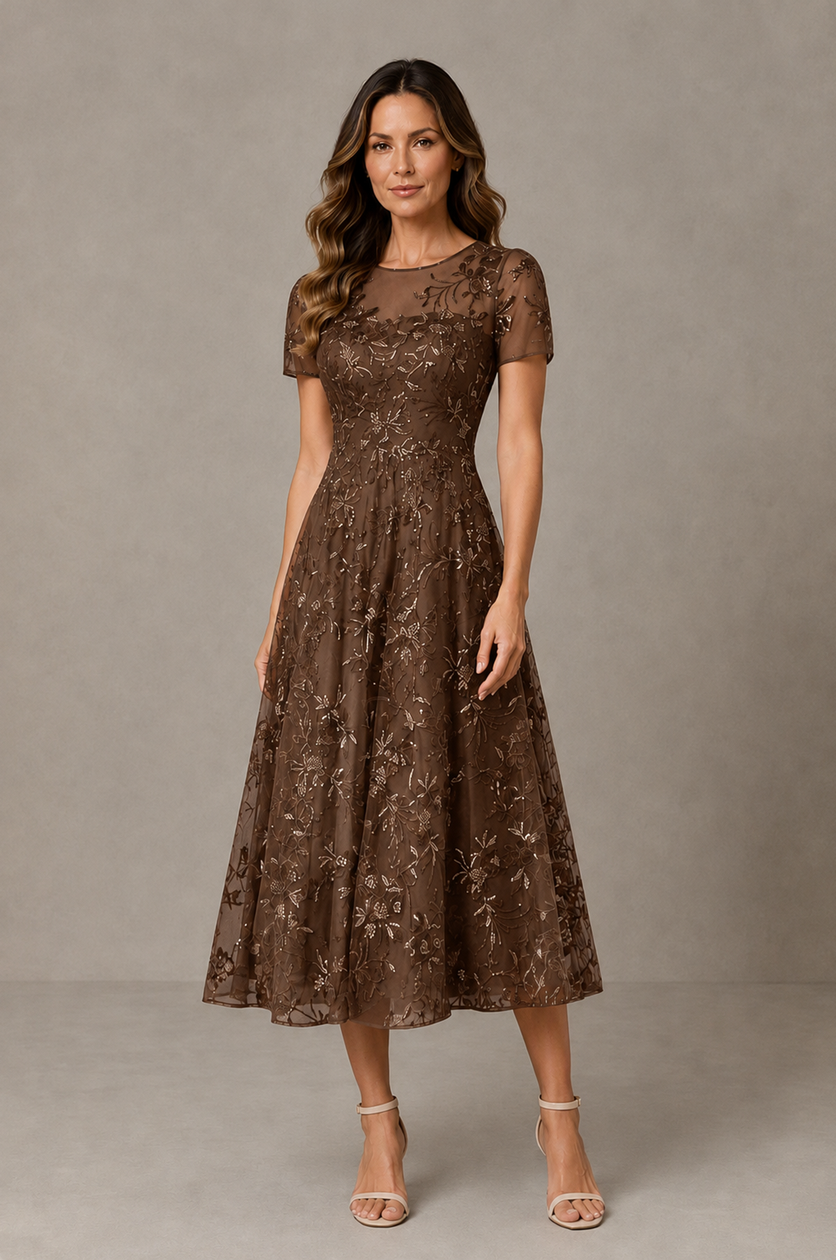 BOLODOO Brown Textured Floral A-Line Dress with Short Sleeves - Brown - Brown_01