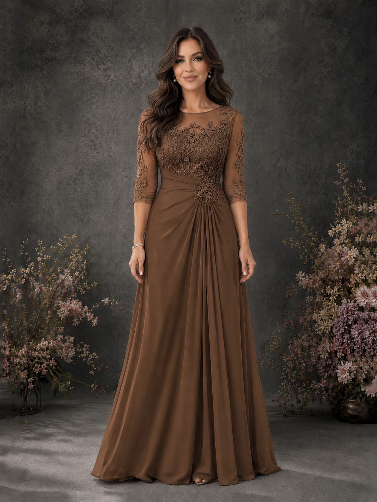 BOLODOO Brown Chiffon Lace Illusion Neckline 3/4 Sleeve Floor Length Formal Gown - Brown - Brown_01