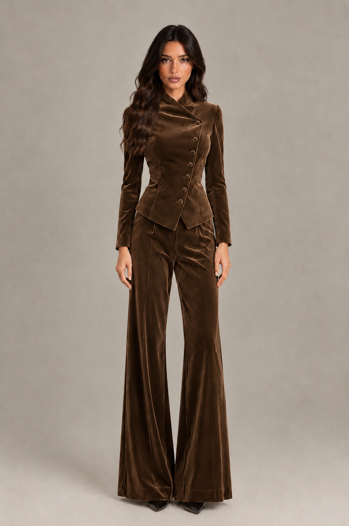 BOLODOO Brown Velvet Two-Piece Pantsuit with Long Sleeve Blazer & Wide-Leg Trousers - Brown - Brown_01
