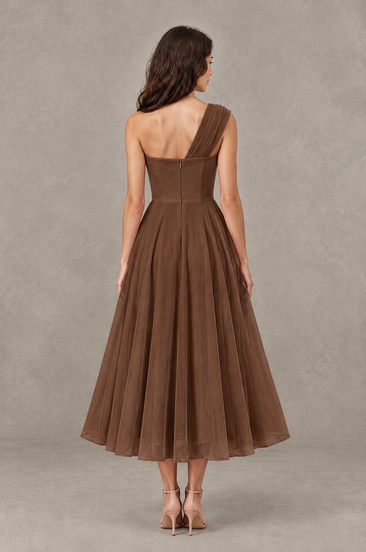 BOLODOO Brown One-Shoulder Floral Tulle Tea-Length Dress - Brown - Brown_02