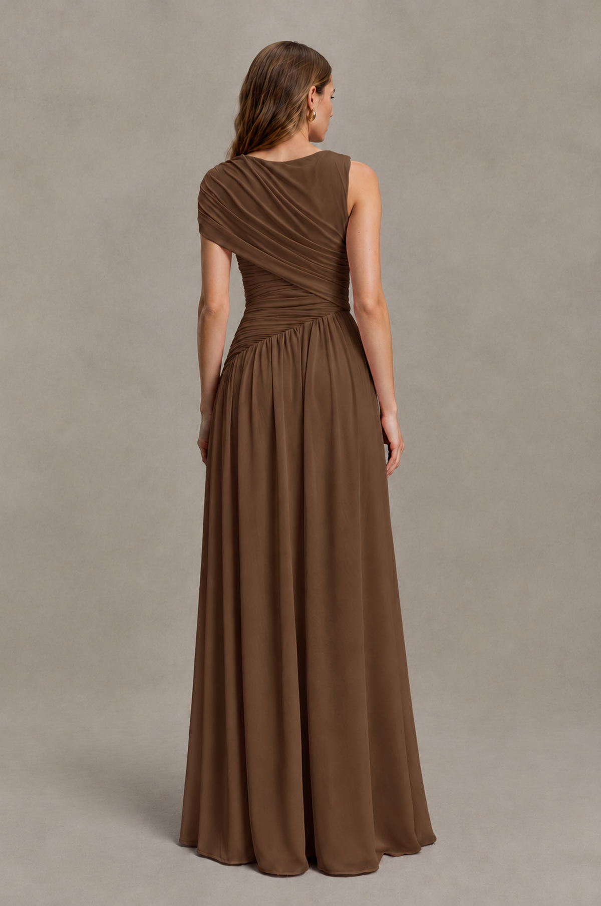BOLODOO Brown One-Shoulder Ruched Floor-Length Bridesmaid Dress - Brown - Brown_02