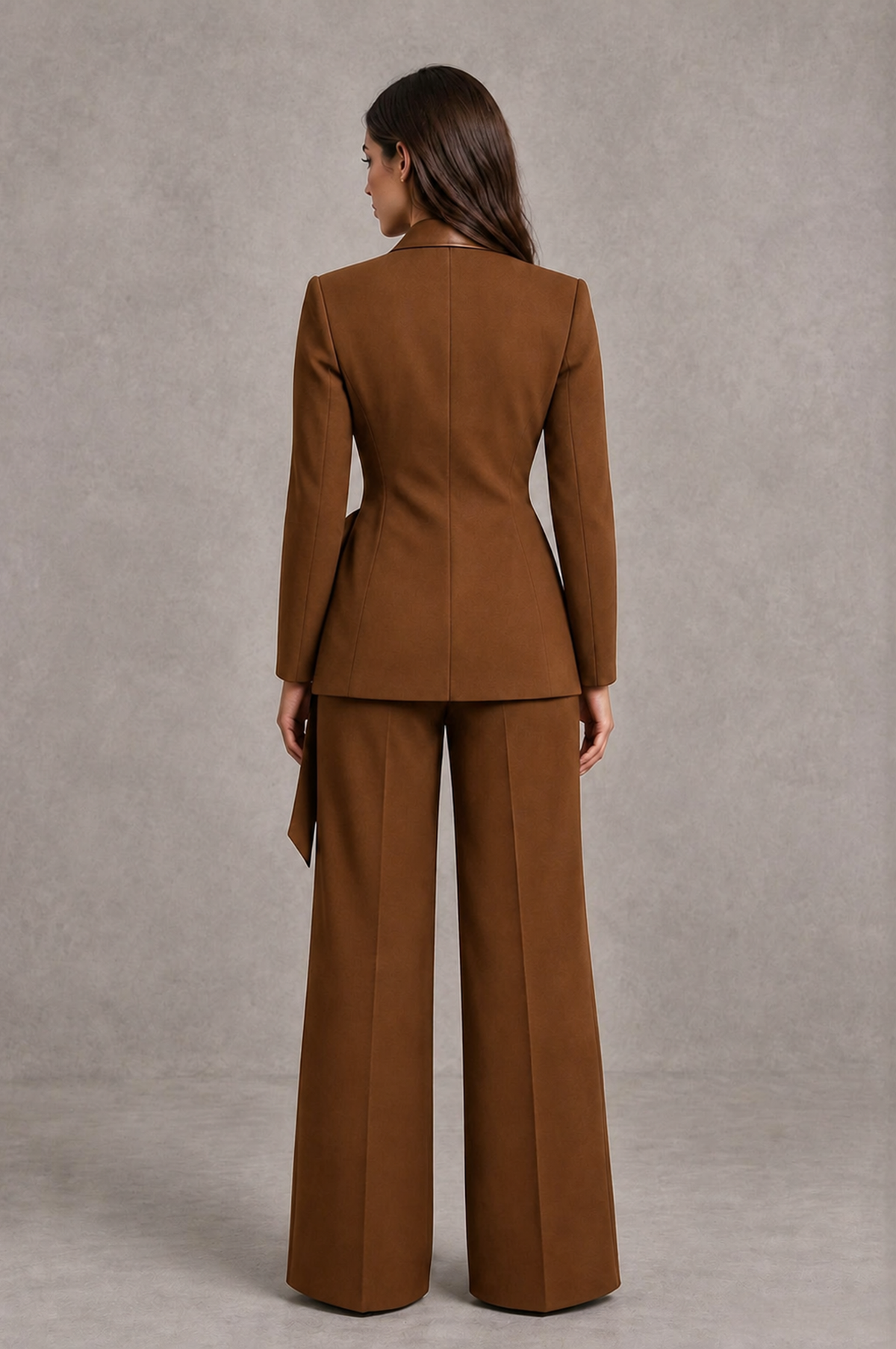 BOLODOO Brown Tie-Waist Blazer & Wide-Leg Pantsuit - Brown - Brown_02