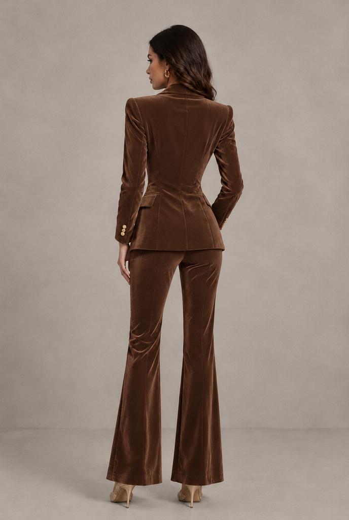 BOLODOO Brown Velvet Double-Breasted Blazer & Pants Two-Piece Suit - Brown - Brown_02