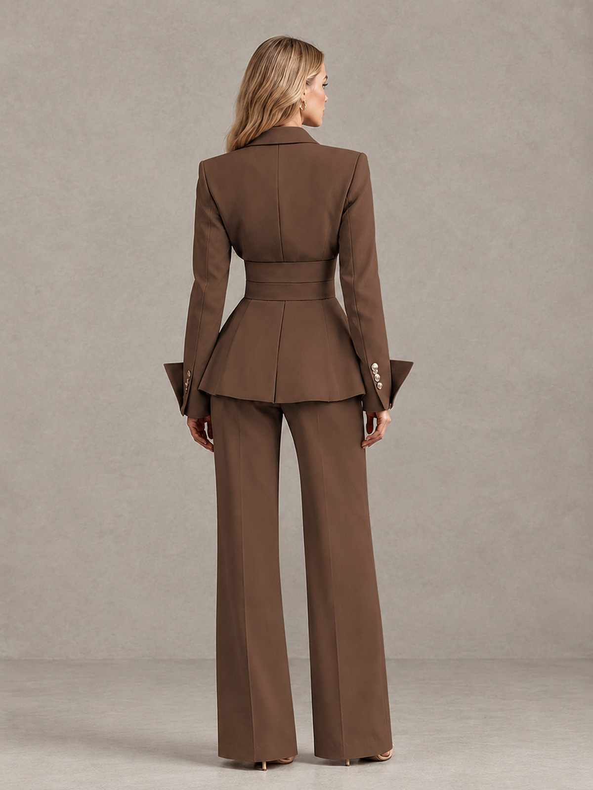 BOLODOO Brown Belted Peplum Pantsuit with Long Sleeves & Wide-Leg Trousers - Brown - Brown_02
