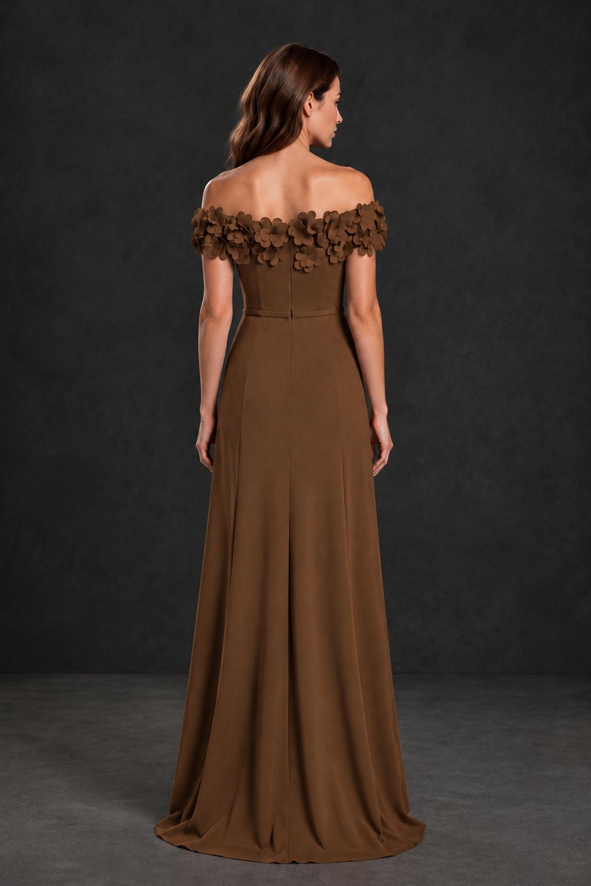 BOLODOO Brown Off-the-Shoulder Mother of the Bride Dress with Floral Appliques - Brown - Brown_02