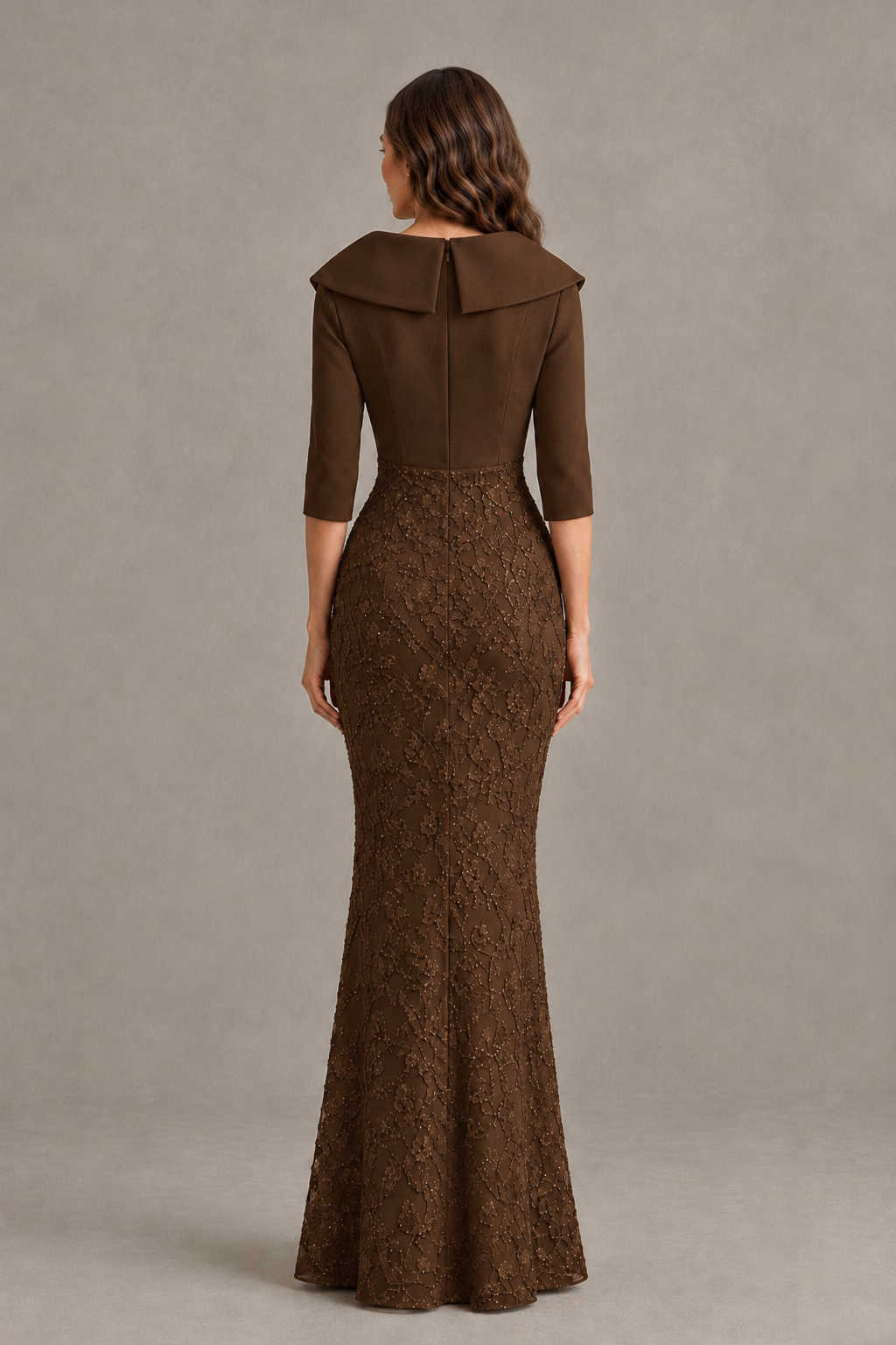 BOLODOO Brown Three-Quarter Sleeve Mermaid Evening Dress with Floral Detail - Brown - Brown_02