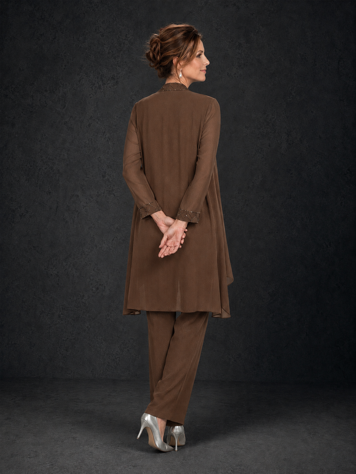 BOLODOO Brown 3-Piece Beaded Chiffon Duster Jacket Pant Suit - Brown - Brown_02