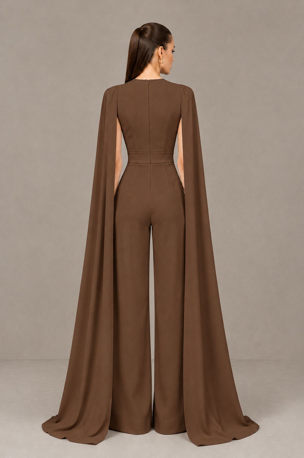 BOLODOO Brown Deep V-Neck Cape Sleeve Bridal Jumpsuit - Brown - Brown_02