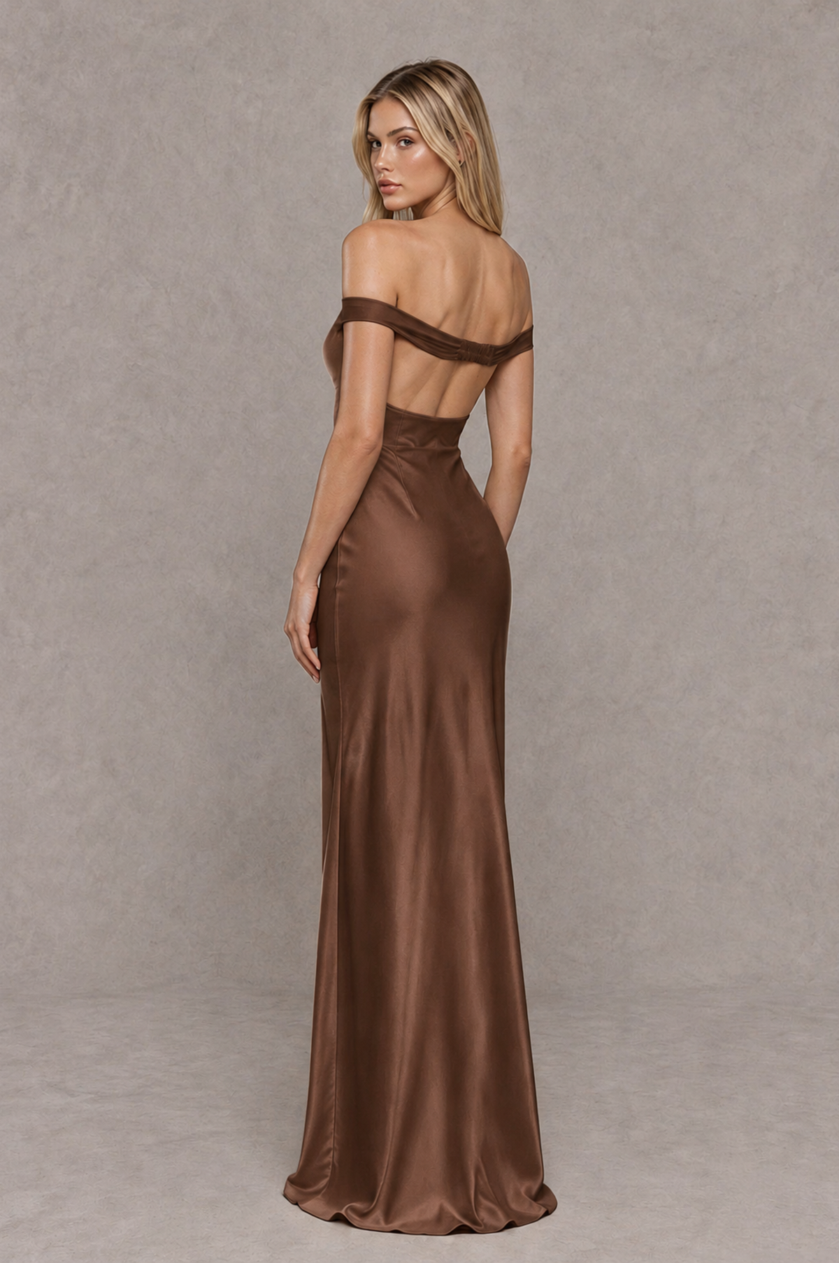 BOLODOO Brown Off-Shoulder Open-Back Satin Evening Gown - Brown - Brown_02