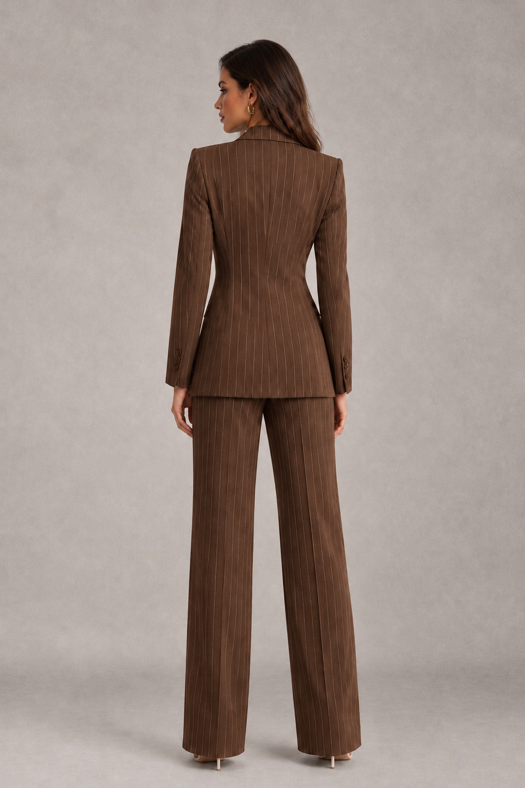 BOLODOO Women's Brown Pinstripe Three-Piece Pantsuit with Wide-Leg Trousers - Brown - Brown_02