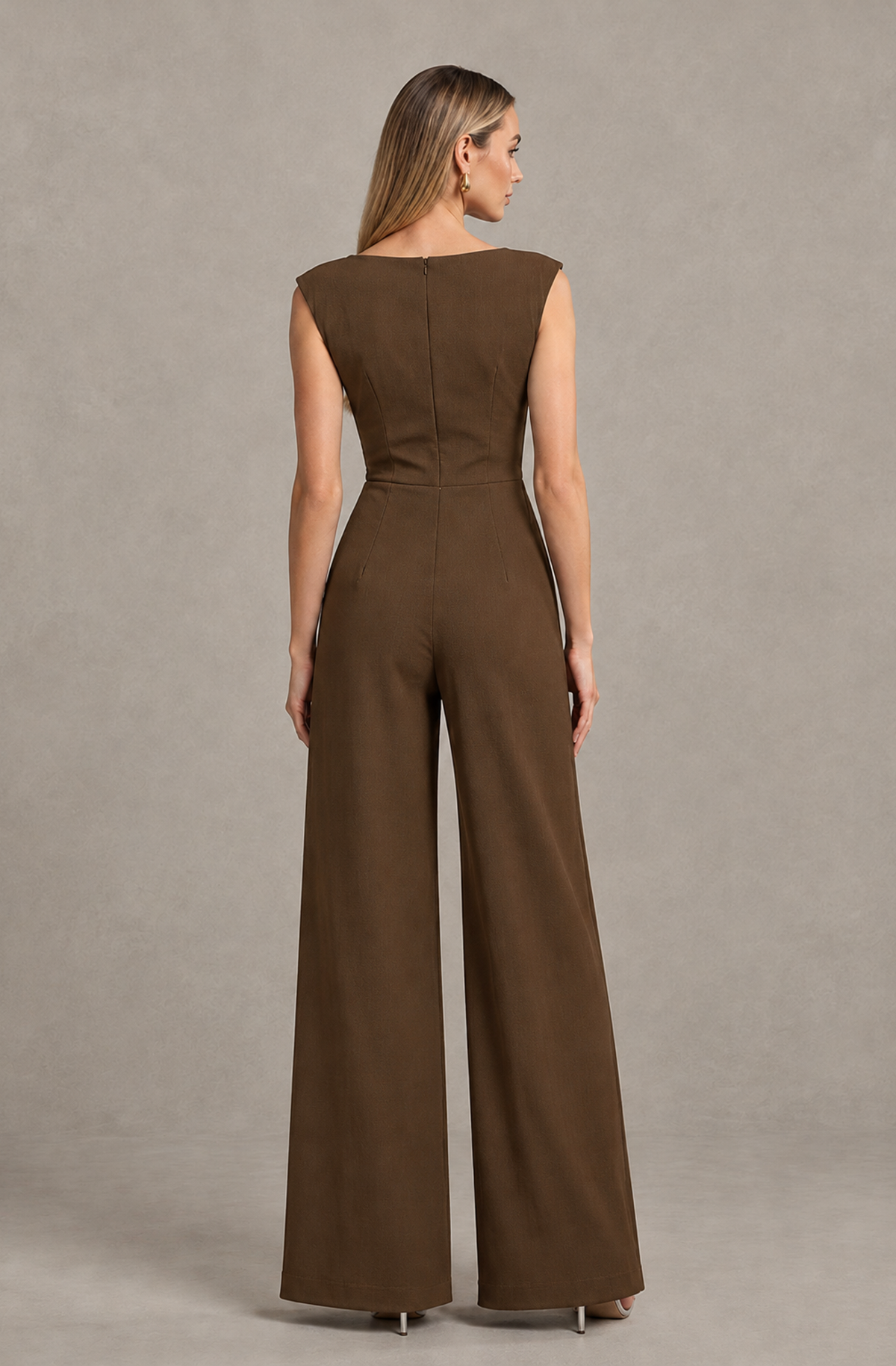 BOLODOO Brown Sleeveless V-Neck Wide-Leg Jumpsuit with Side Drape - Brown - Brown_02