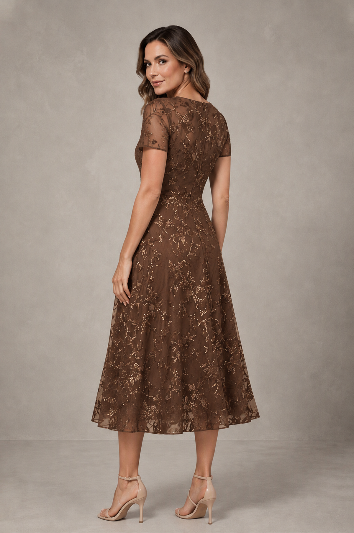 BOLODOO Brown Textured Floral A-Line Dress with Short Sleeves - Brown - Brown_02