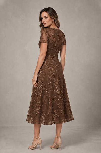 BOLODOO Brown Textured Floral A-Line Dress with Short Sleeves - Brown - Brown_02