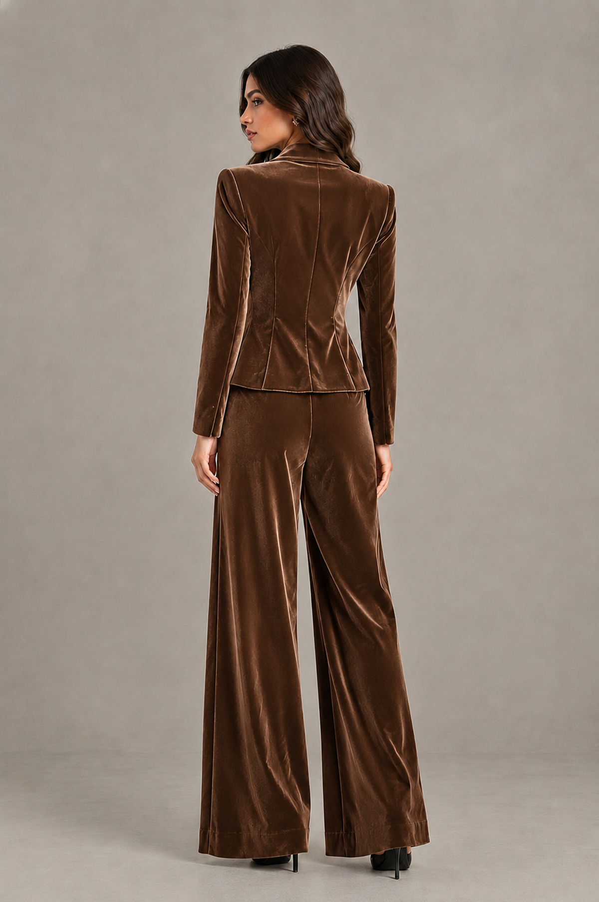 BOLODOO Brown Velvet Two-Piece Pantsuit with Long Sleeve Blazer & Wide-Leg Trousers - Brown - Brown_02