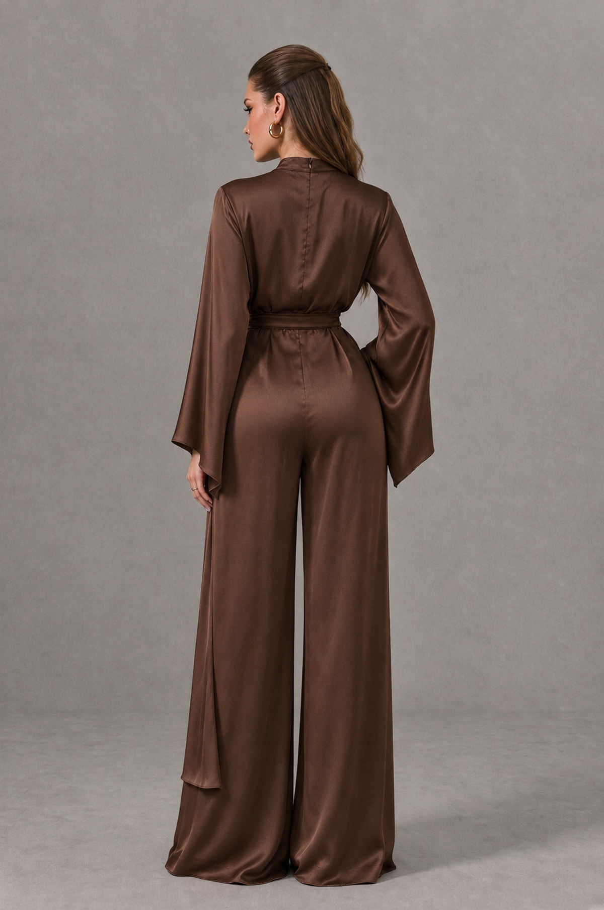 BOLODOO Brown Satin-Look Long Sleeve Wide-Leg Jumpsuit - Brown - Brown_02