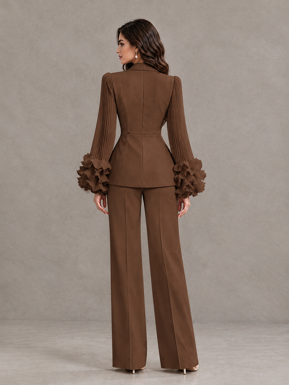 BOLODOO Brown Mother of the Bride Pant Suit – Pleated Long Sleeve Ruffle Cuff Wide Leg Trouser Suit - Brown - Brown_02
