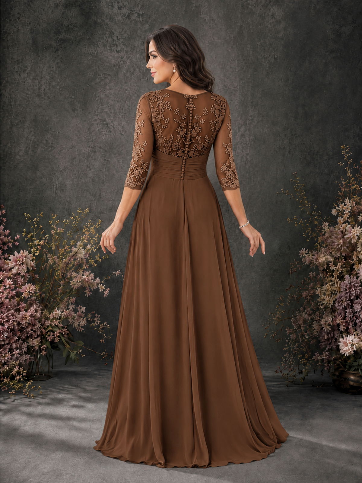 BOLODOO Brown Chiffon Lace Illusion Neckline 3/4 Sleeve Floor Length Formal Gown - Brown - Brown_02
