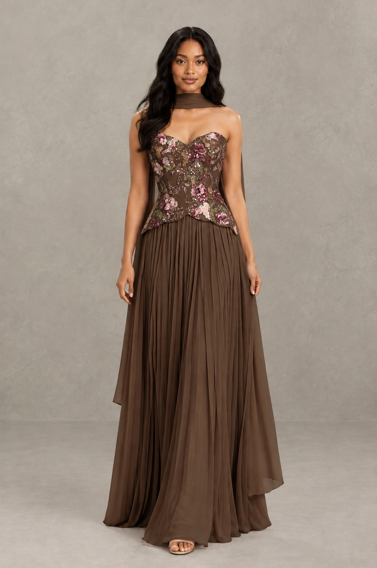 BOLODOO Brown Strapless Beaded Floral Corset Chiffon Maxi Gown – Open Back Prom & Formal Evening Dress - Brown - Brown_03