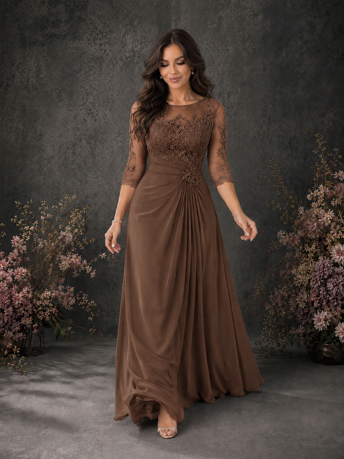 BOLODOO Brown Chiffon Lace Illusion Neckline 3/4 Sleeve Floor Length Formal Gown - Brown - Brown_03