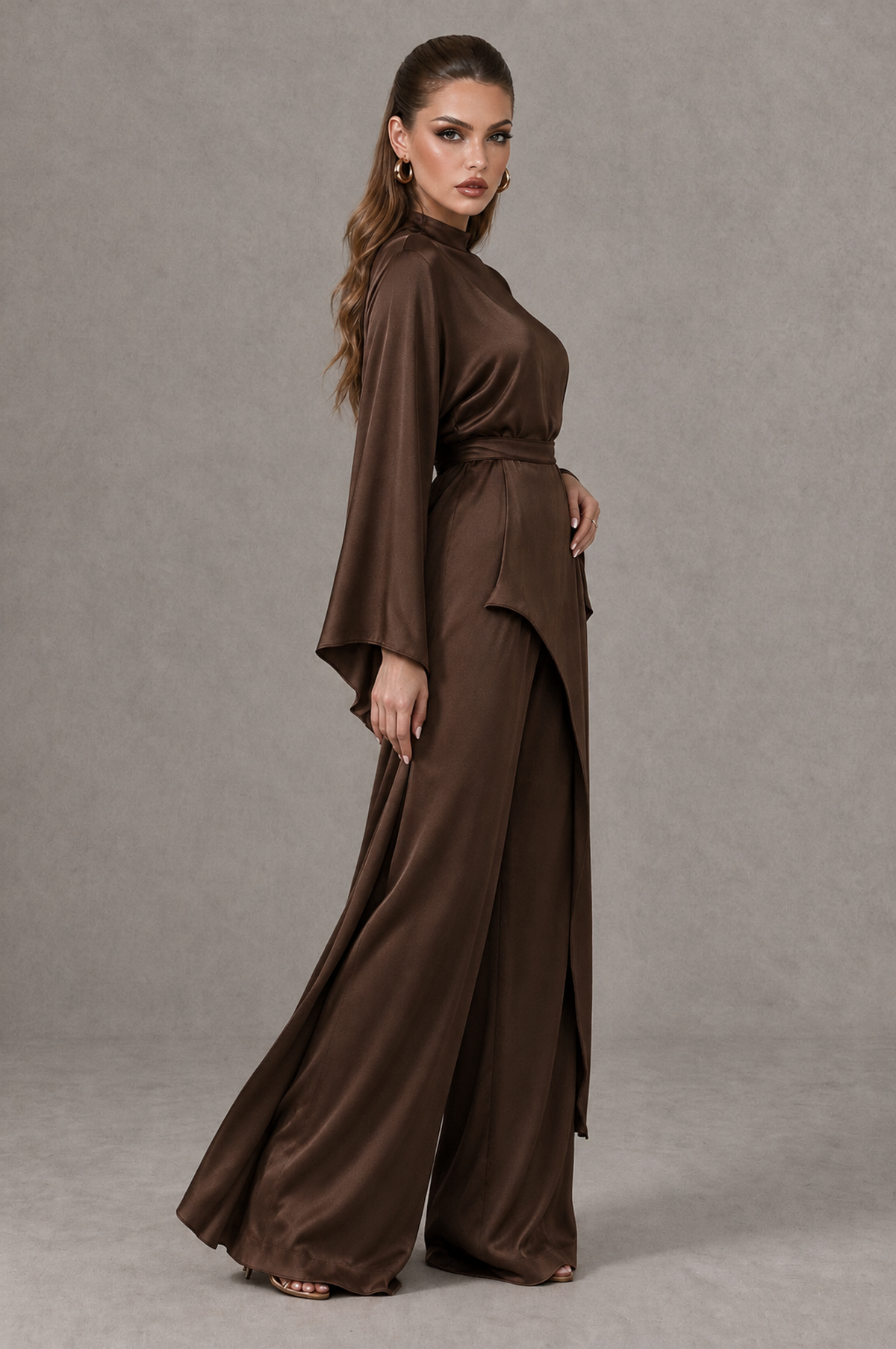 BOLODOO Brown Satin-Look Long Sleeve Wide-Leg Jumpsuit - Brown - Brown_03