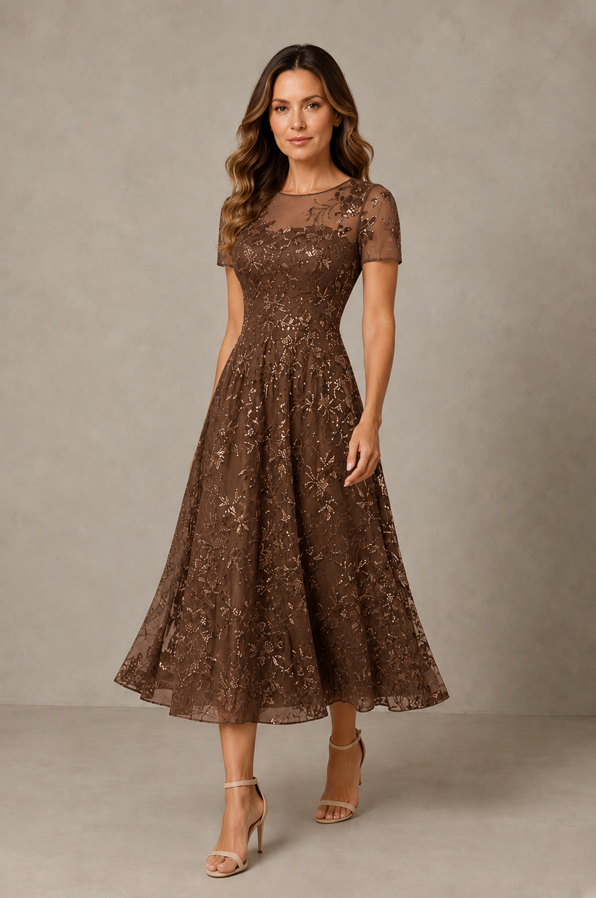 BOLODOO Brown Textured Floral A-Line Dress with Short Sleeves - Brown - Brown_03