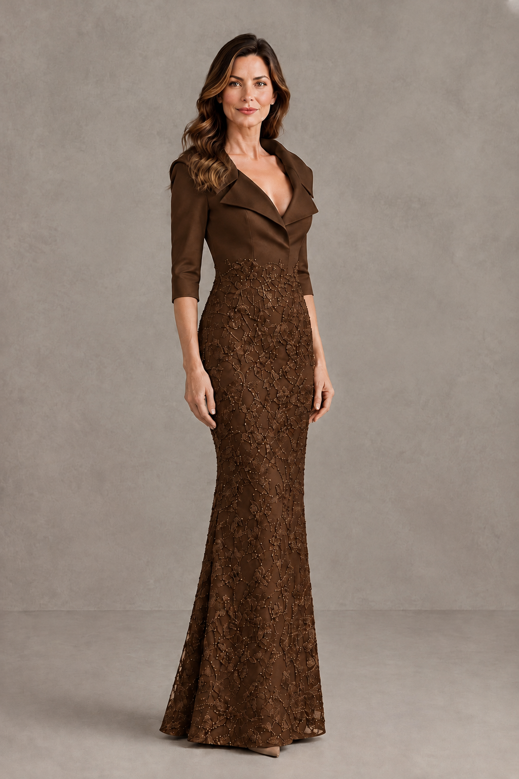 BOLODOO Brown Three-Quarter Sleeve Mermaid Evening Dress with Floral Detail - Brown - Brown_03