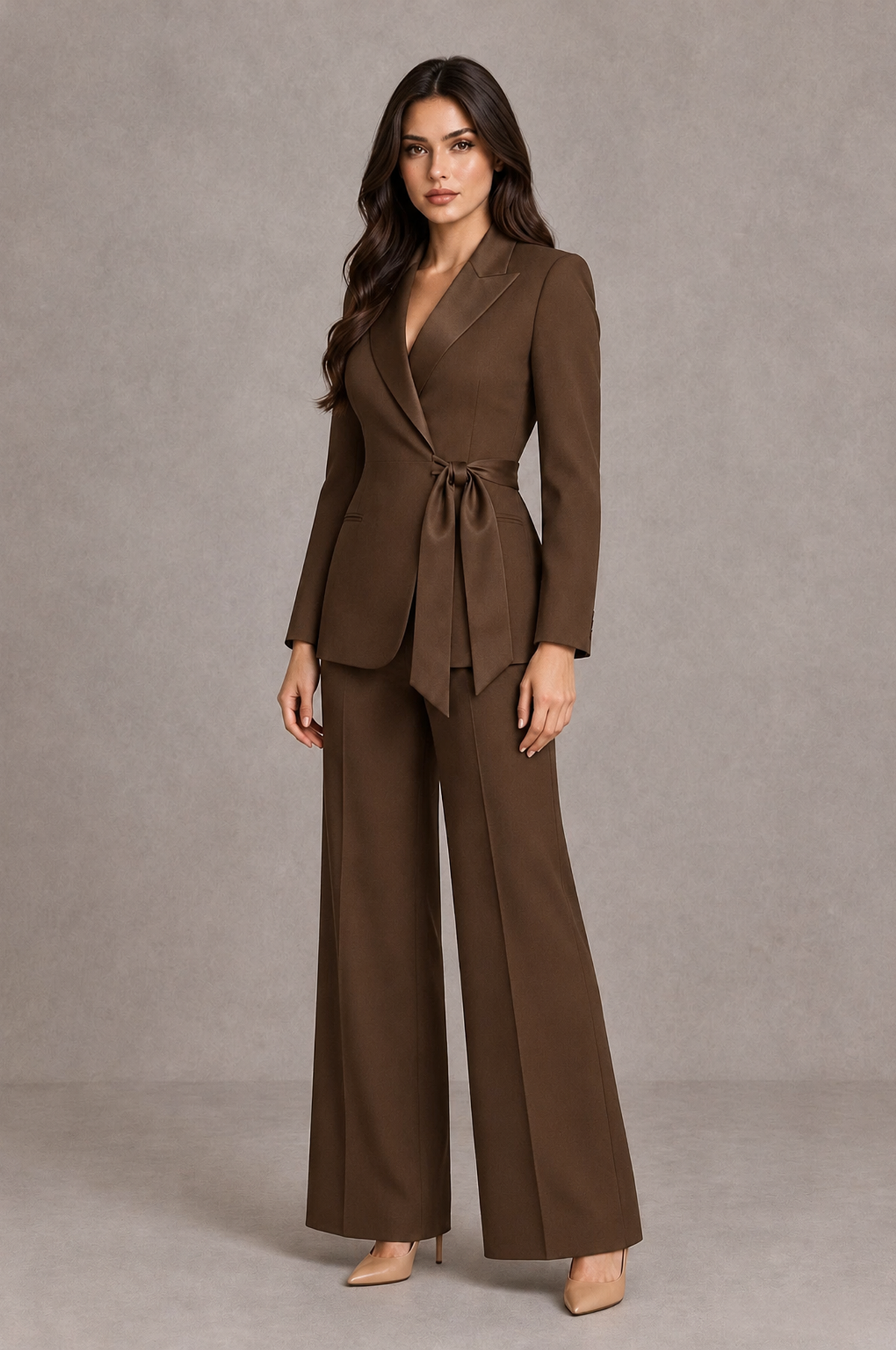 BOLODOO Brown Tie-Waist Blazer & Wide-Leg Pantsuit - Brown - Brown_03