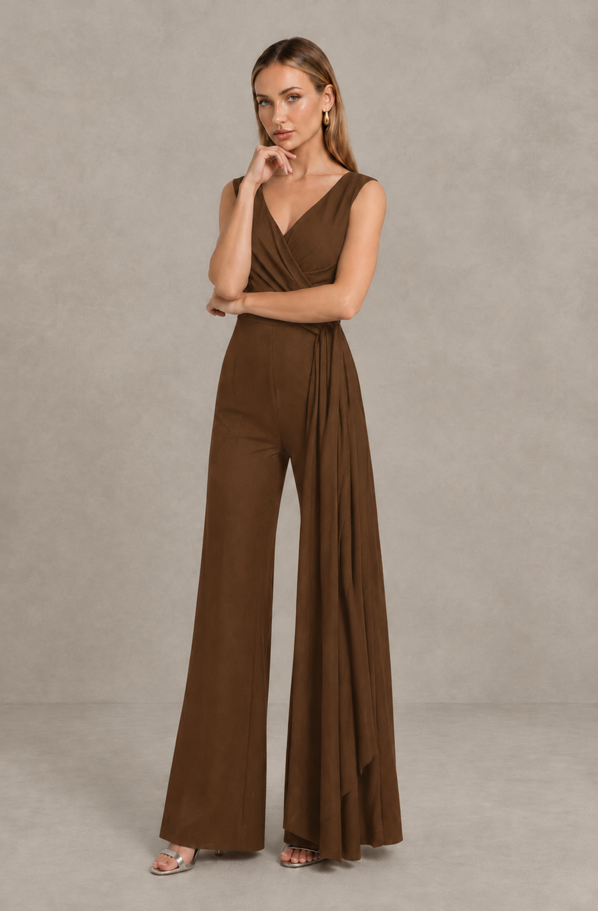 BOLODOO Brown Sleeveless V-Neck Wide-Leg Jumpsuit with Side Drape - Brown - Brown_03