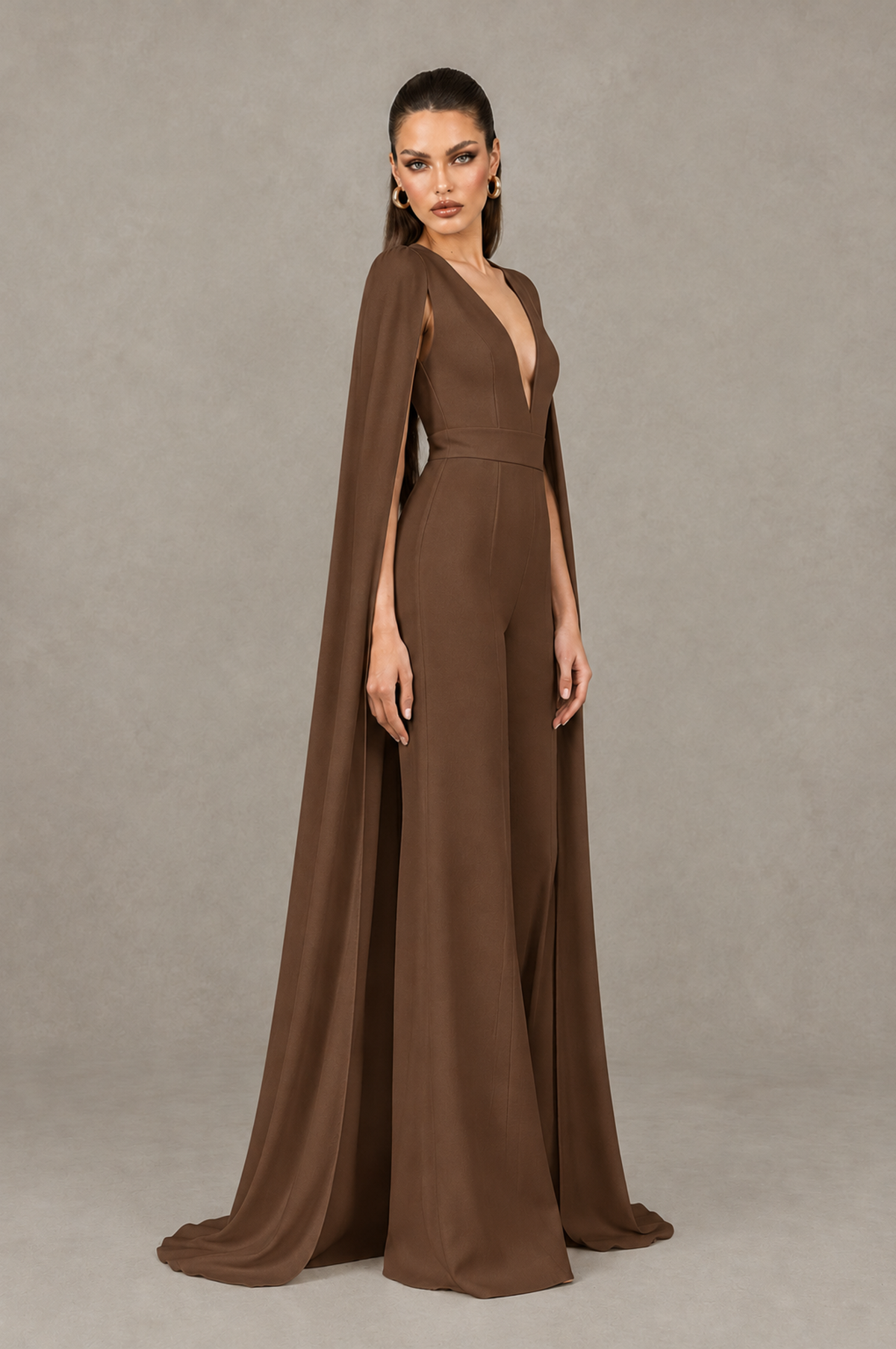 BOLODOO Brown Deep V-Neck Cape Sleeve Bridal Jumpsuit - Brown - Brown_03