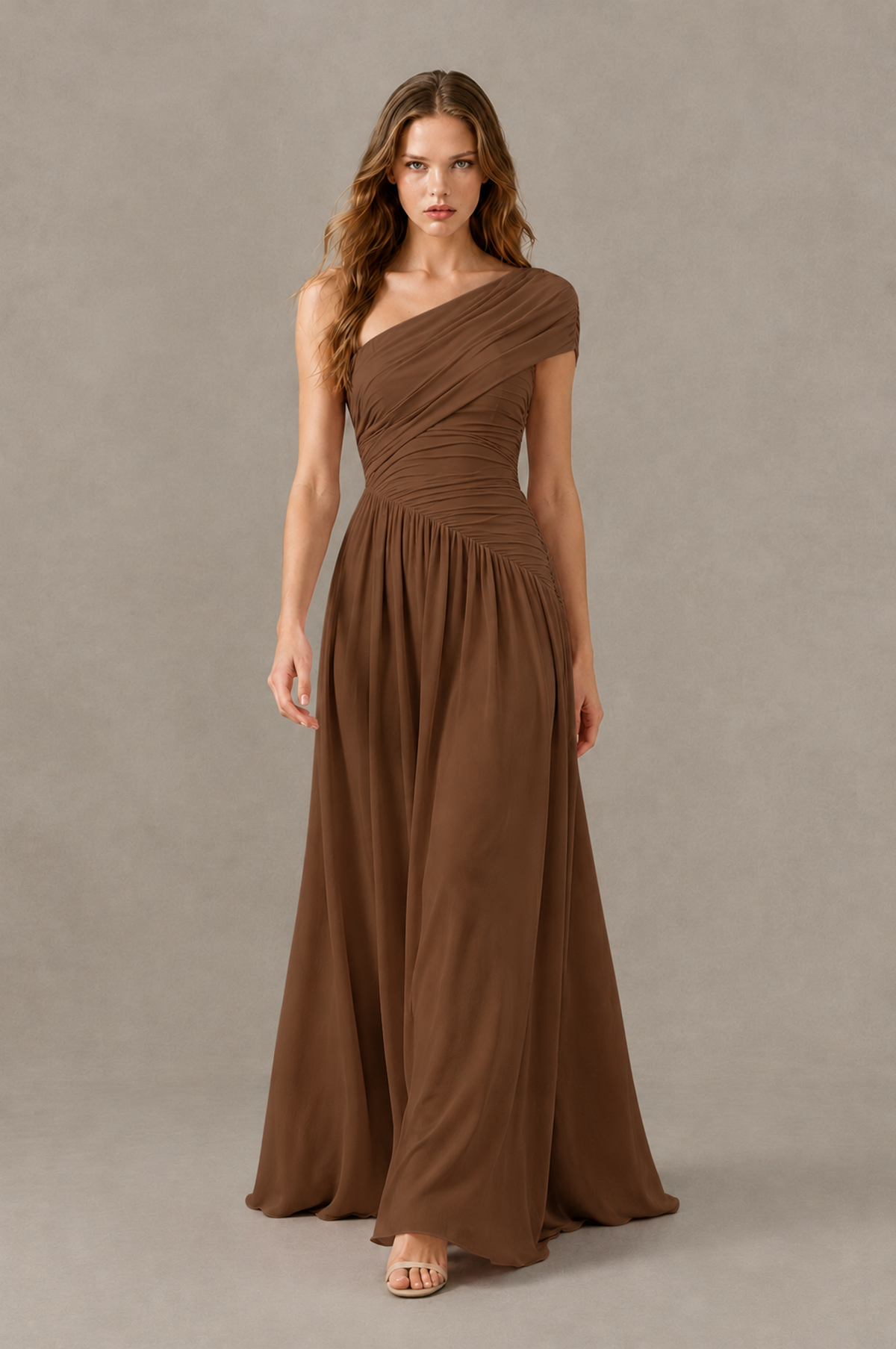 BOLODOO Brown One-Shoulder Ruched Floor-Length Bridesmaid Dress - Brown - Brown_03