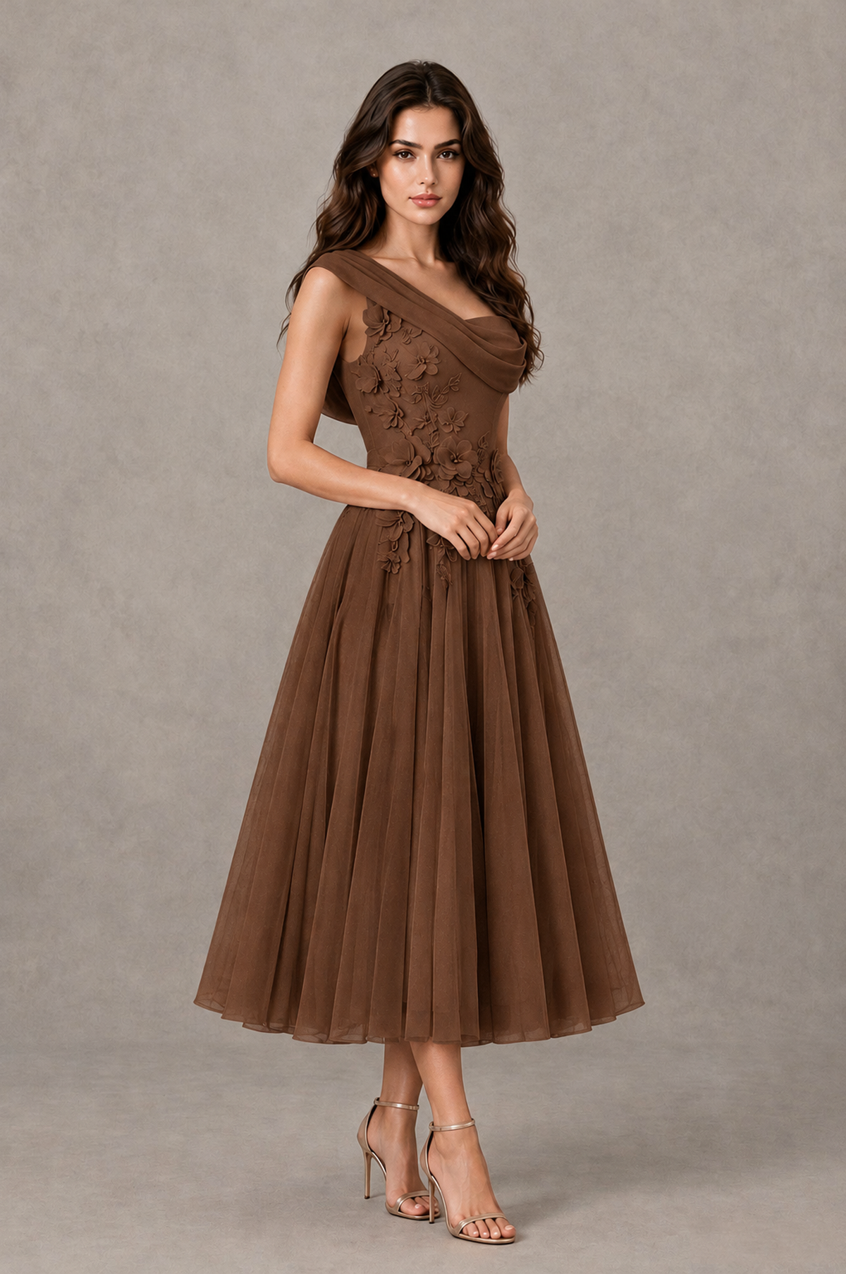 BOLODOO Brown One-Shoulder Floral Tulle Tea-Length Dress - Brown - Brown_03