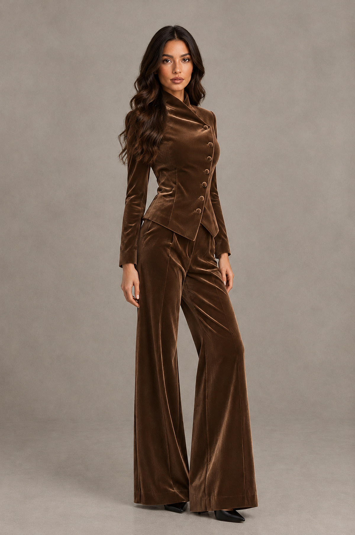 BOLODOO Brown Velvet Two-Piece Pantsuit with Long Sleeve Blazer & Wide-Leg Trousers - Brown - Brown_03