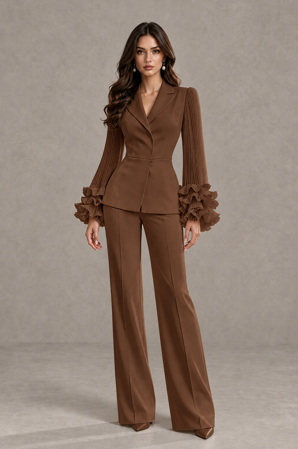 BOLODOO Brown Mother of the Bride Pant Suit – Pleated Long Sleeve Ruffle Cuff Wide Leg Trouser Suit - Brown - Brown_03