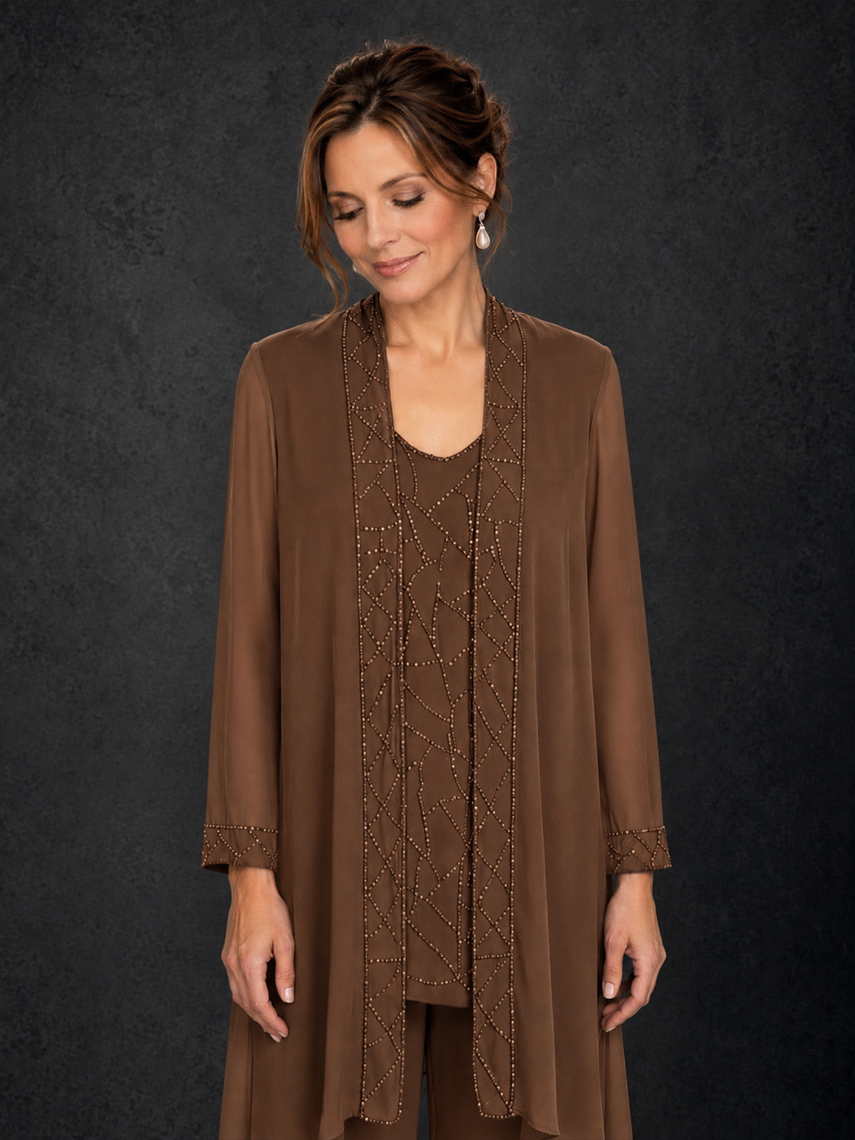 BOLODOO Brown 3-Piece Beaded Chiffon Duster Jacket Pant Suit - Brown - Brown_03