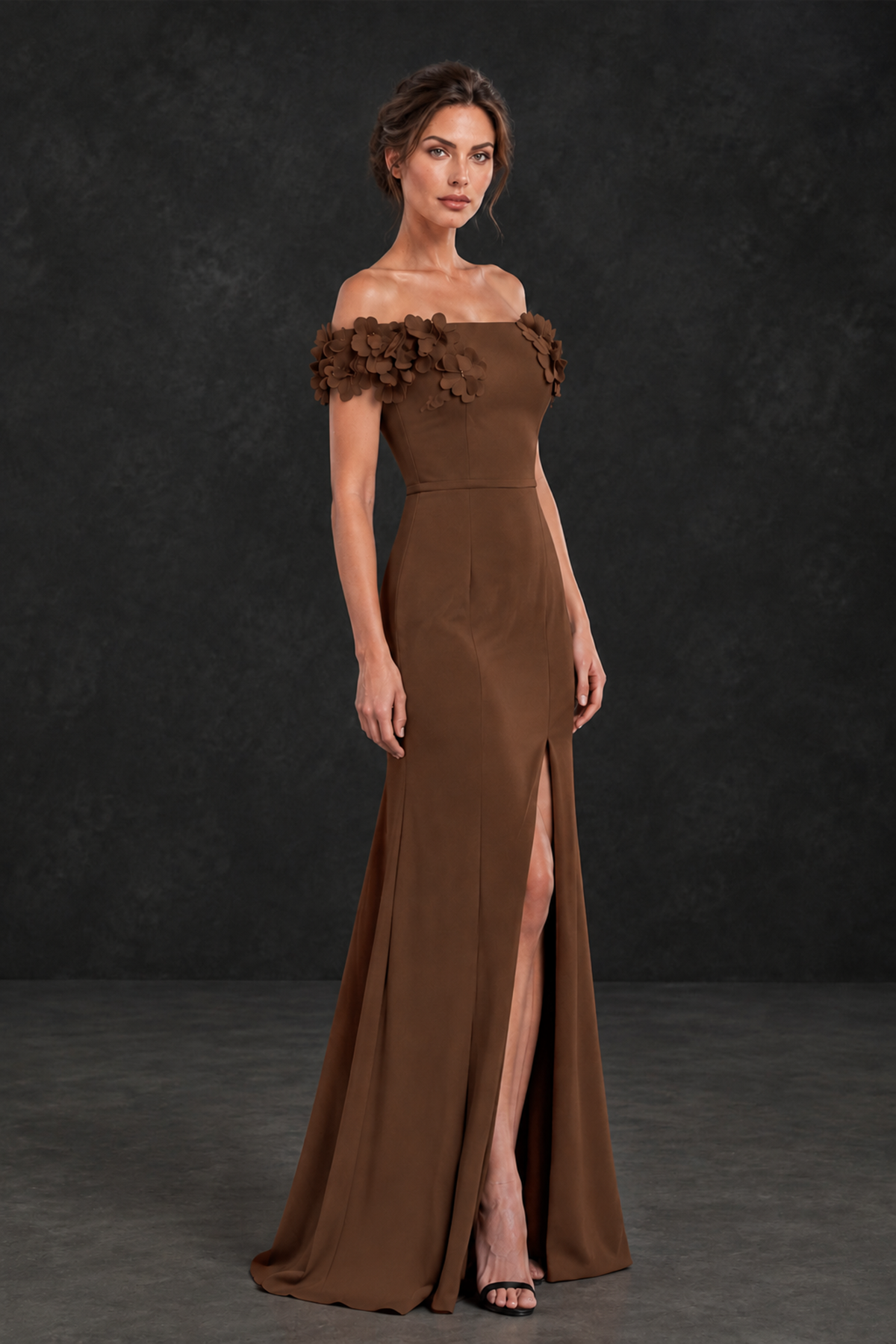 BOLODOO Brown Off-the-Shoulder Mother of the Bride Dress with Floral Appliques - Brown - Brown_03
