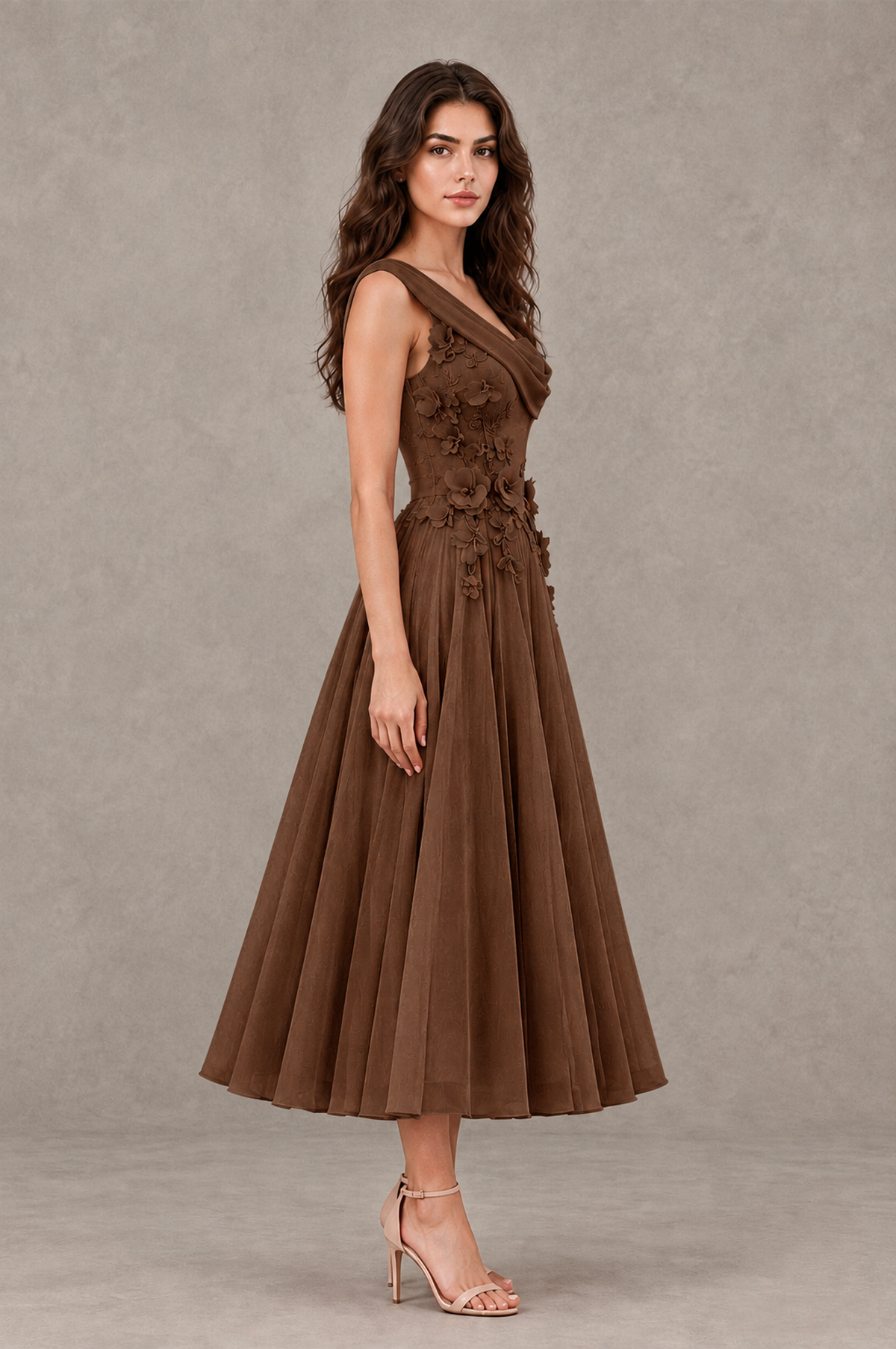 BOLODOO Brown One-Shoulder Floral Tulle Tea-Length Dress - Brown - Brown_04