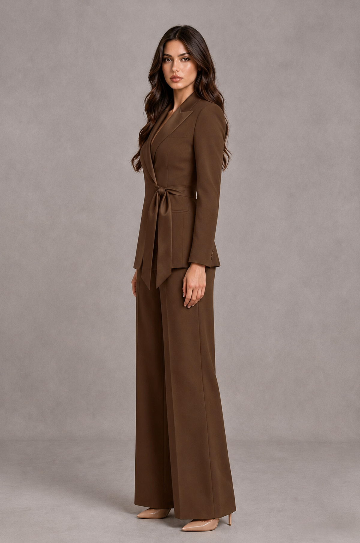 BOLODOO Brown Tie-Waist Blazer & Wide-Leg Pantsuit - Brown - Brown_04