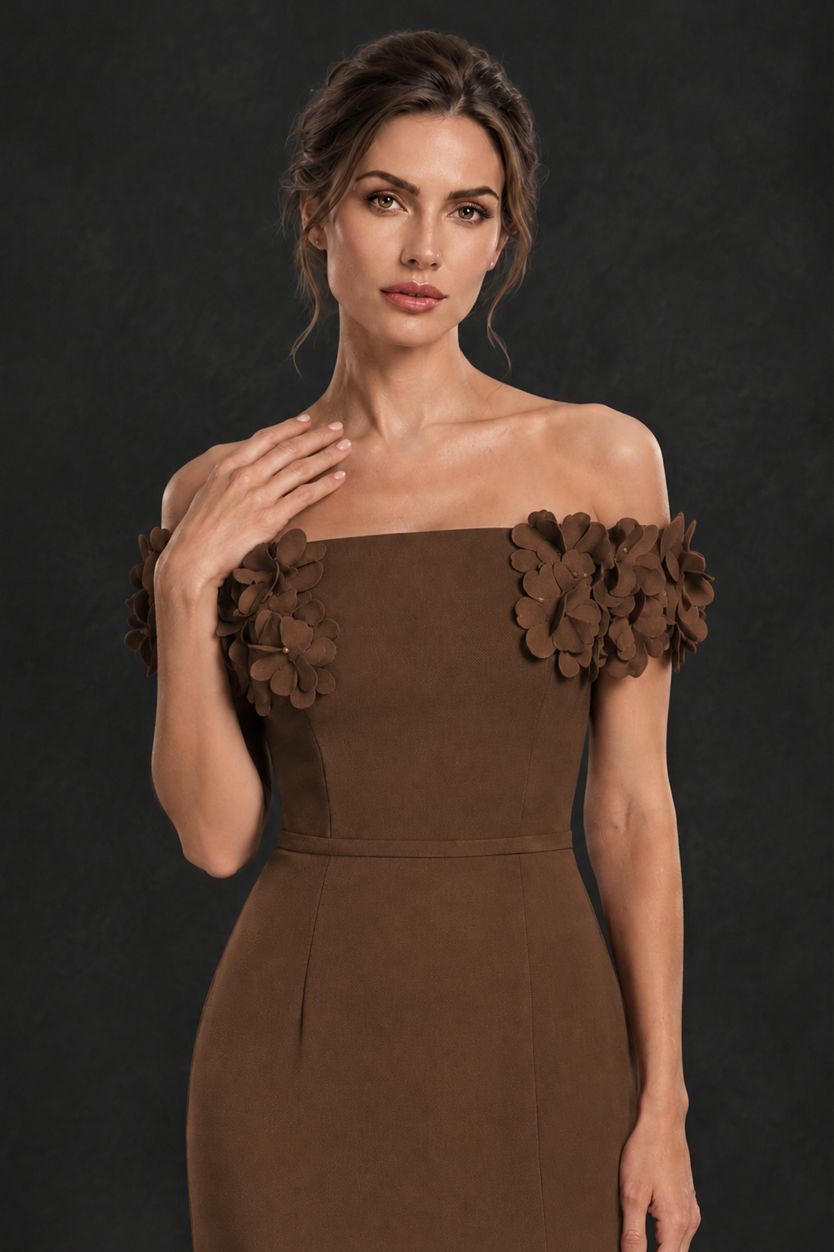BOLODOO Brown Off-the-Shoulder Mother of the Bride Dress with Floral Appliques - Brown - Brown_04