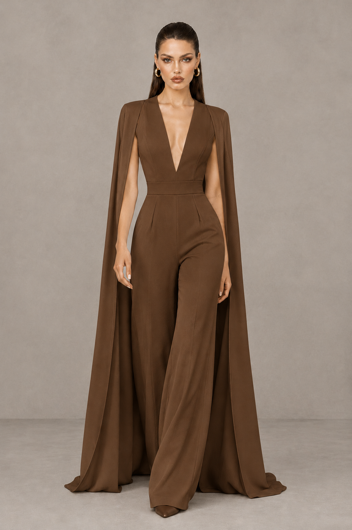 BOLODOO Brown Deep V-Neck Cape Sleeve Bridal Jumpsuit - Brown - Brown_04