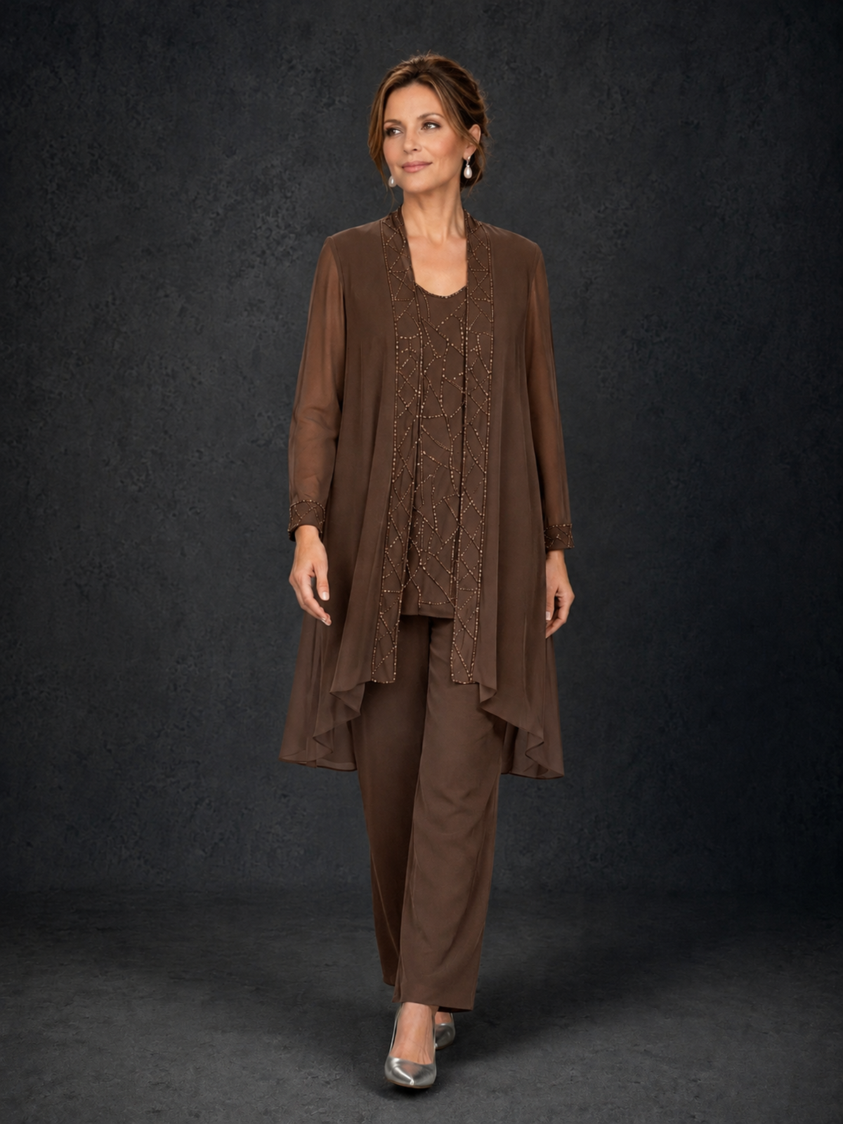 BOLODOO Brown 3-Piece Beaded Chiffon Duster Jacket Pant Suit - Brown - Brown_04