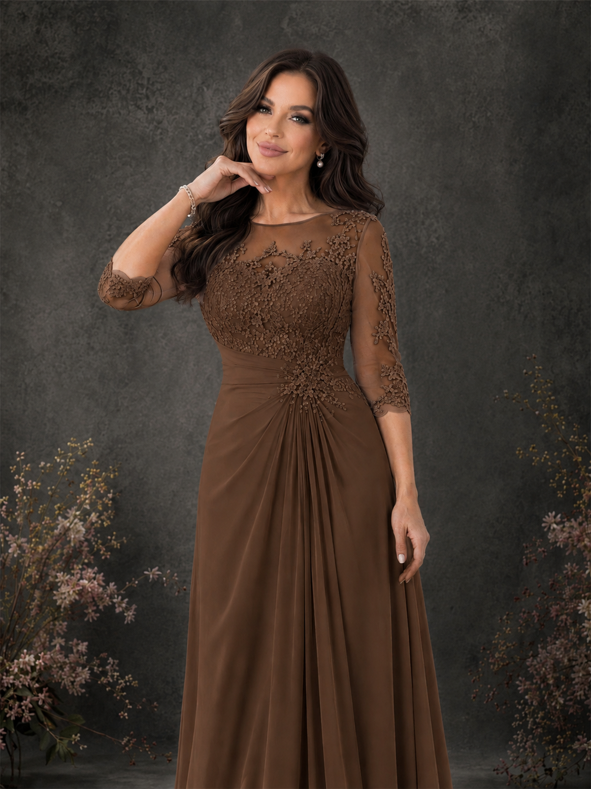 BOLODOO Brown Chiffon Lace Illusion Neckline 3/4 Sleeve Floor Length Formal Gown - Brown - Brown_04
