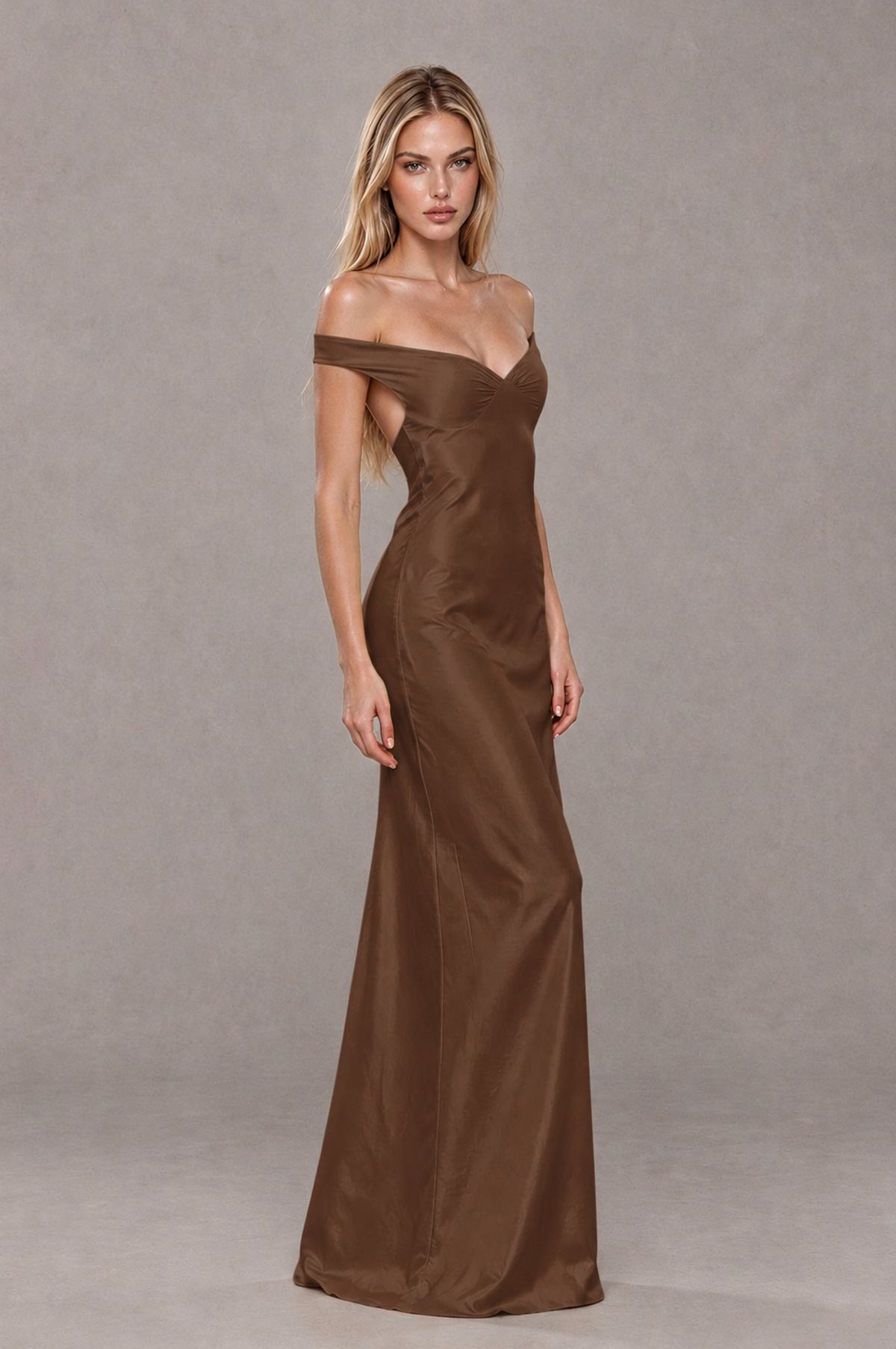 BOLODOO Brown Off-Shoulder Open-Back Satin Evening Gown - Brown - Brown_04