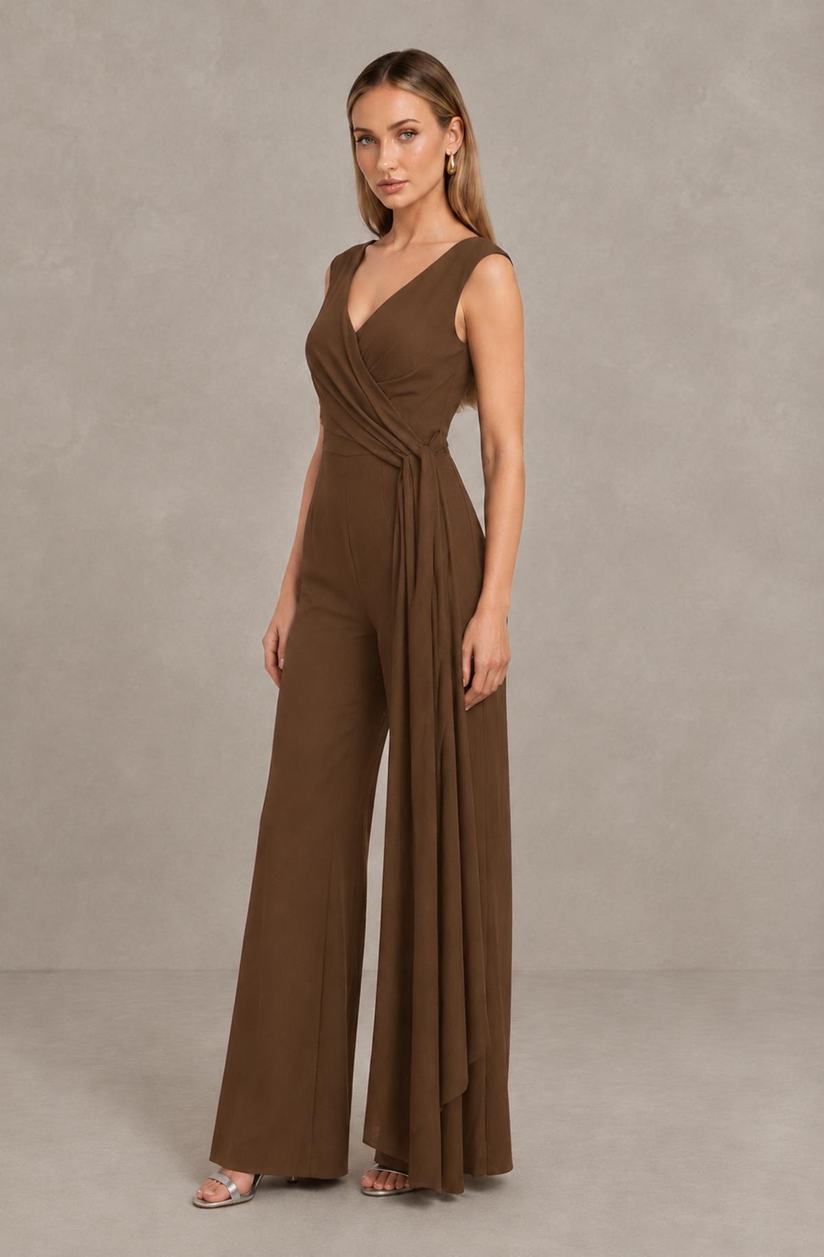 BOLODOO Brown Sleeveless V-Neck Wide-Leg Jumpsuit with Side Drape - Brown - Brown_04