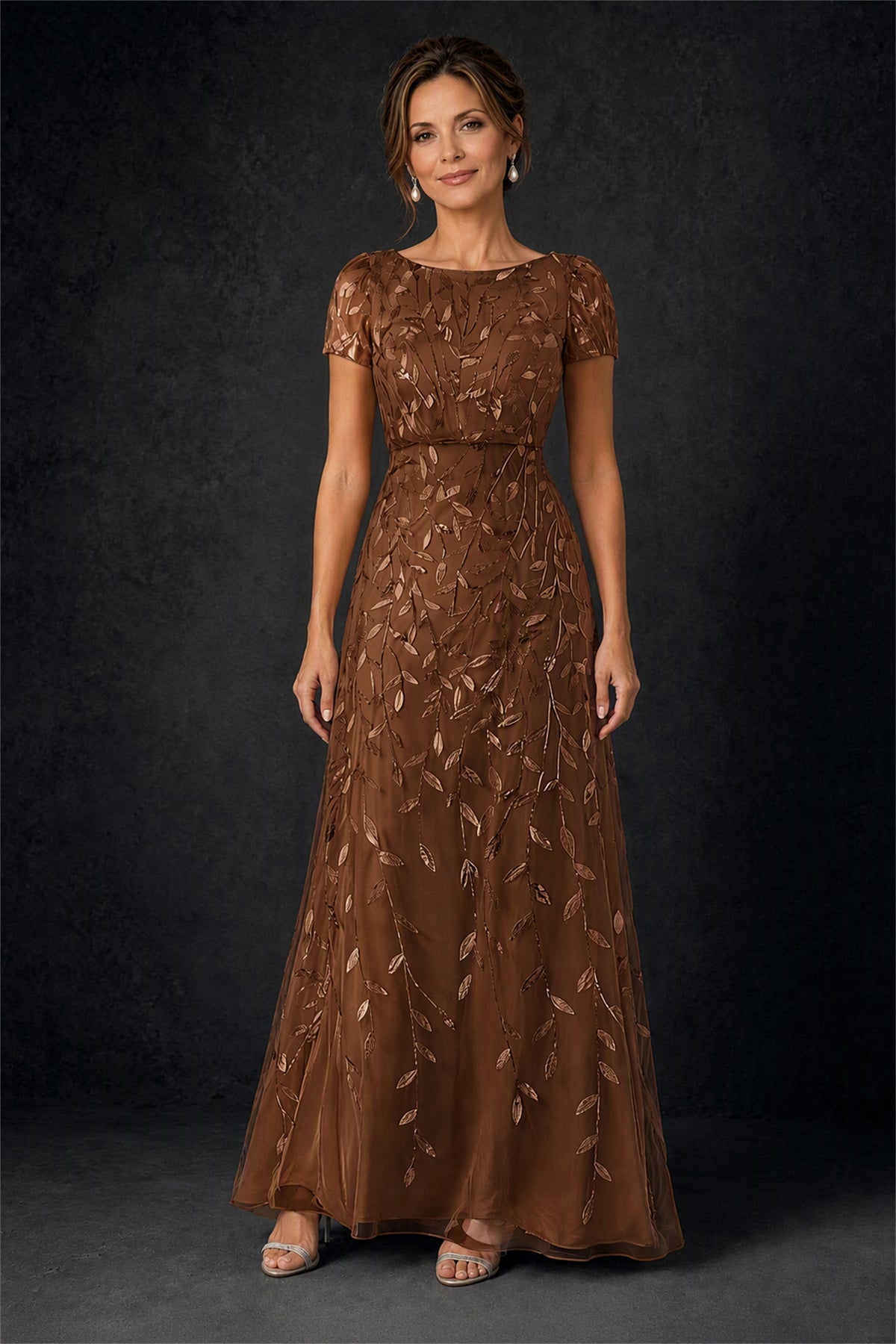 BOLODOO Brown Leaf Embroidered A-Line Formal Gown with Cap Sleeves - Brown