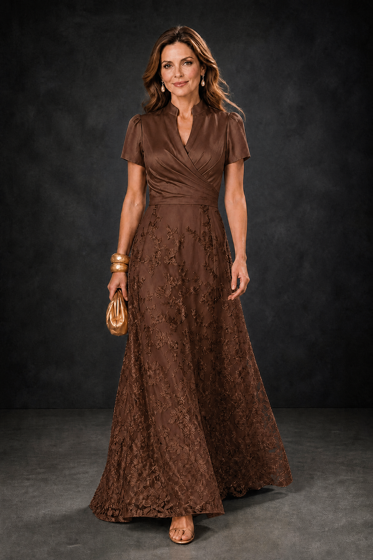 BOLODOO Brown Satin Wrap V-Neck Short Sleeve Lace Glitter A-Line Floor Length Evening Gown – Formal Dress - Brown