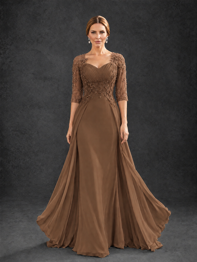 BOLODOO Brown Sweetheart Neck 3/4 Sleeve Floral Lace Illusion Bodice Chiffon A-Line Gown - Brown - Brown_1