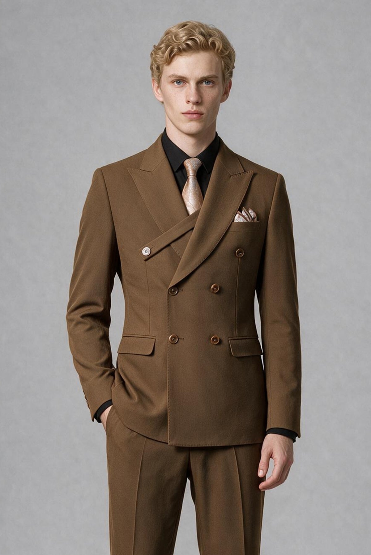BOLODOO Men's Brown Double-Breasted Two-Piece Suit – Jacket & Trousers - Brown
