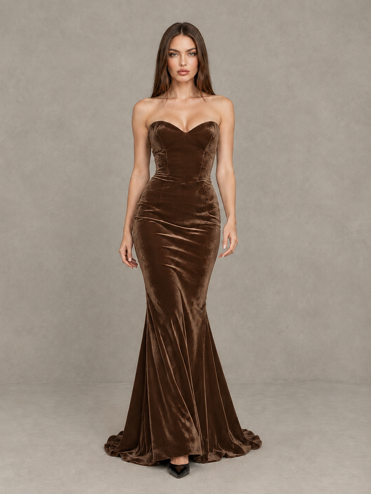 BOLODOO Brown Strapless Sweetheart Velvet-Look Mermaid Evening Dress - Brown - Brown_1