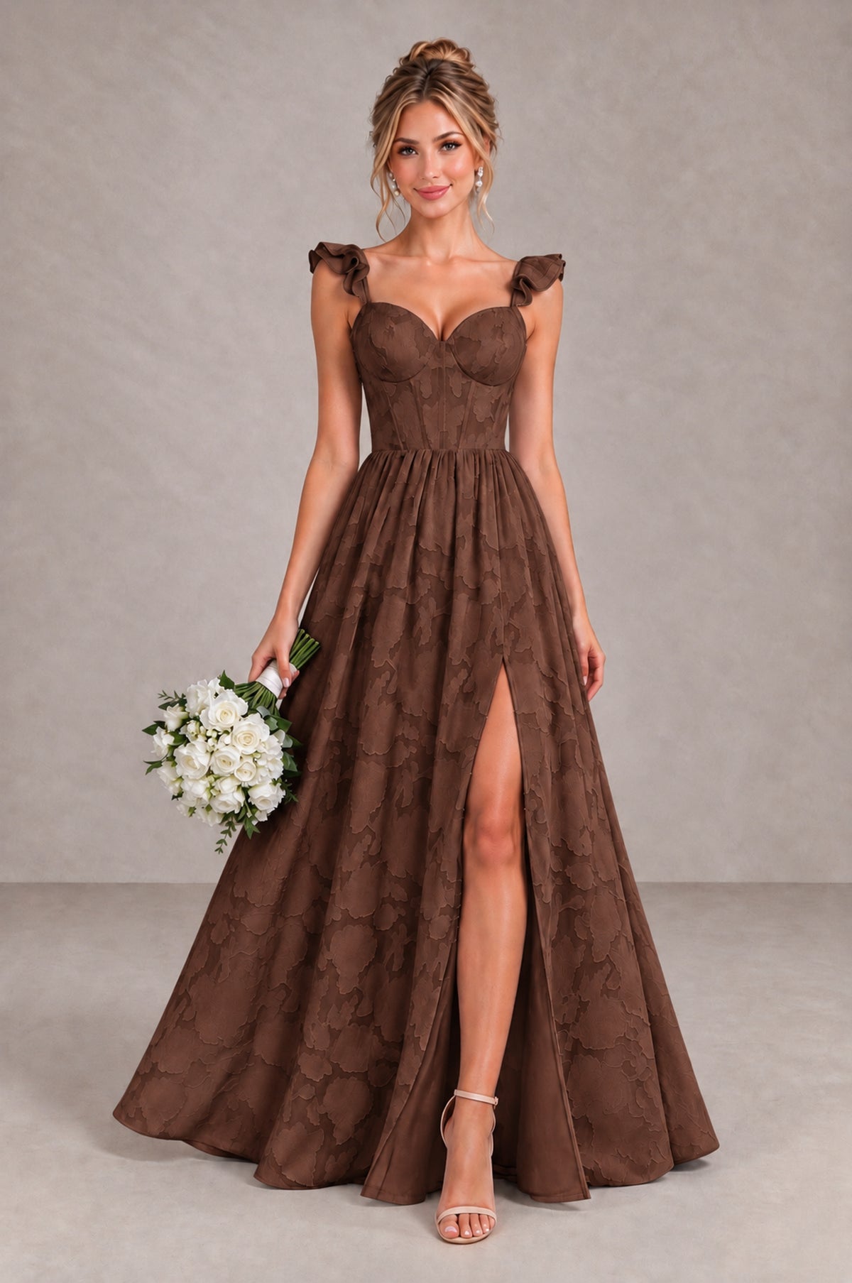 BOLODOO Brown Floral A-Line Bridesmaid Dress with Slit Ruffle Straps Maxi Gown - Brown - Brown_1