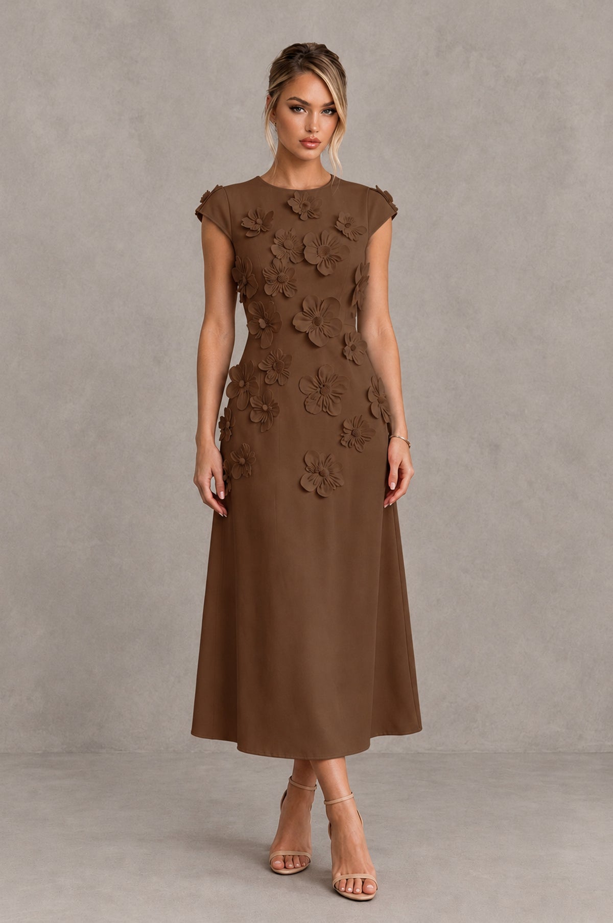 BOLODOO Brown 3D Floral Cap Sleeve Midi Cocktail Dress - Brown - Brown_1